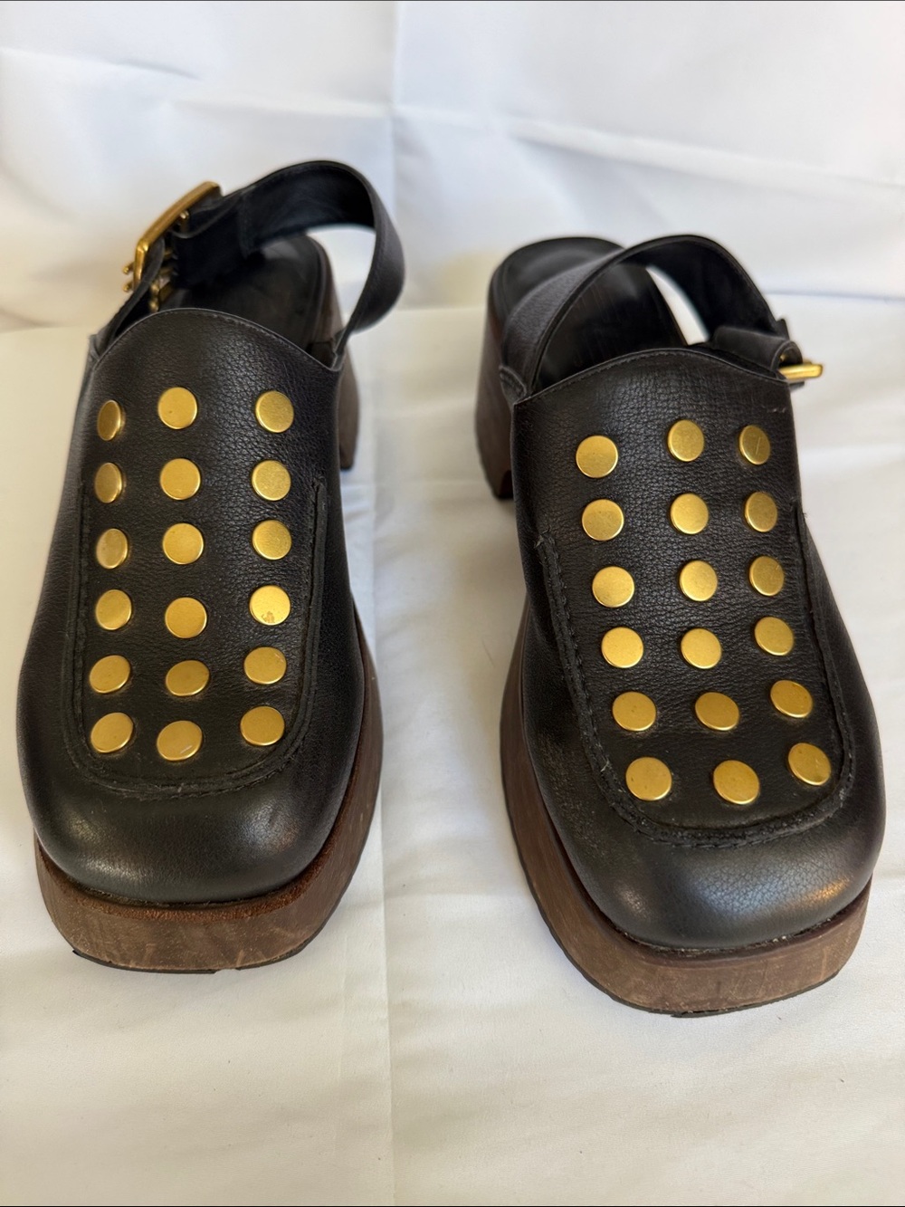 Charlotte Stone Black Leather Platform Slingback Clogs with Gold Studs • 7